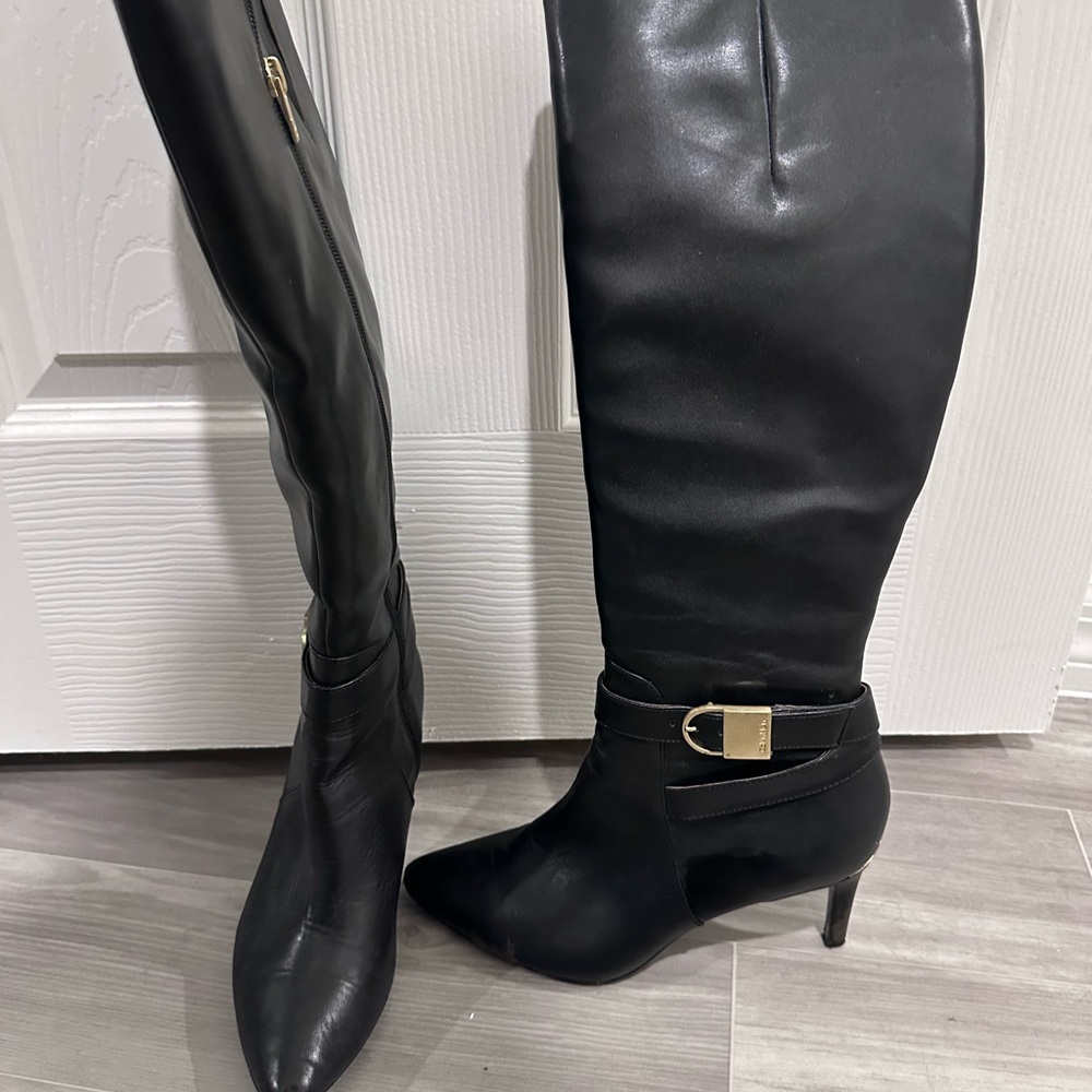 Elegant Black Over the Knee Boots with Gold Buckle